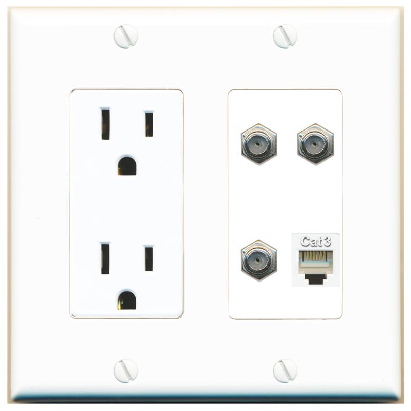 RiteAV 3 COAX PHONE Wall Plate with 15A Power Outlet [White]
