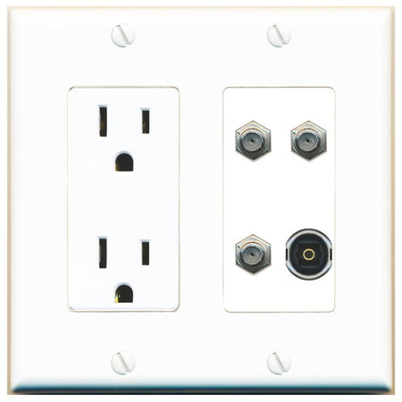 RiteAV 3 COAX TOSLINK Wall Plate with 15A Power Outlet [White]
