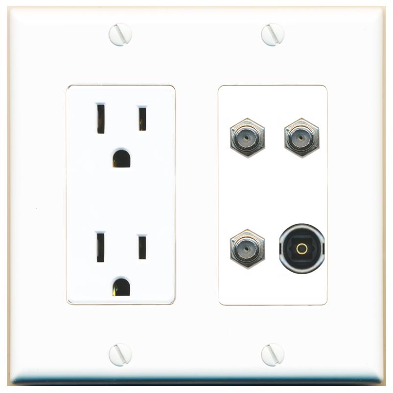 RiteAV 3 COAX TOSLINK Wall Plate with 15A Power Outlet [White]