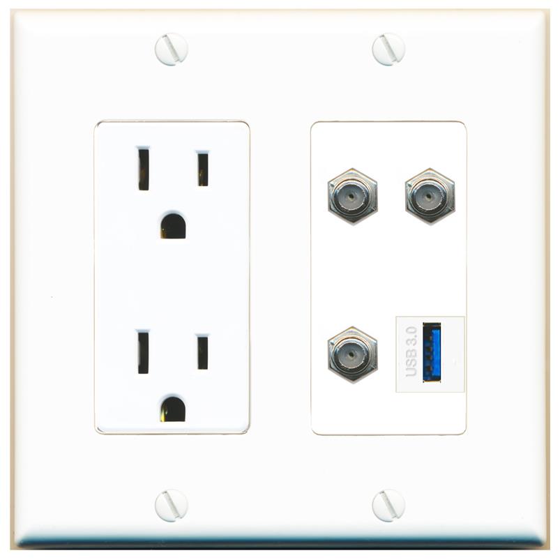 RiteAV 3 COAX USB-3 Wall Plate with 15A Power Outlet [White]