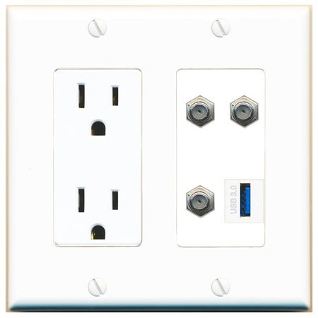 RiteAV 3 COAX USB-3 Wall Plate with 15A Power Outlet [White]