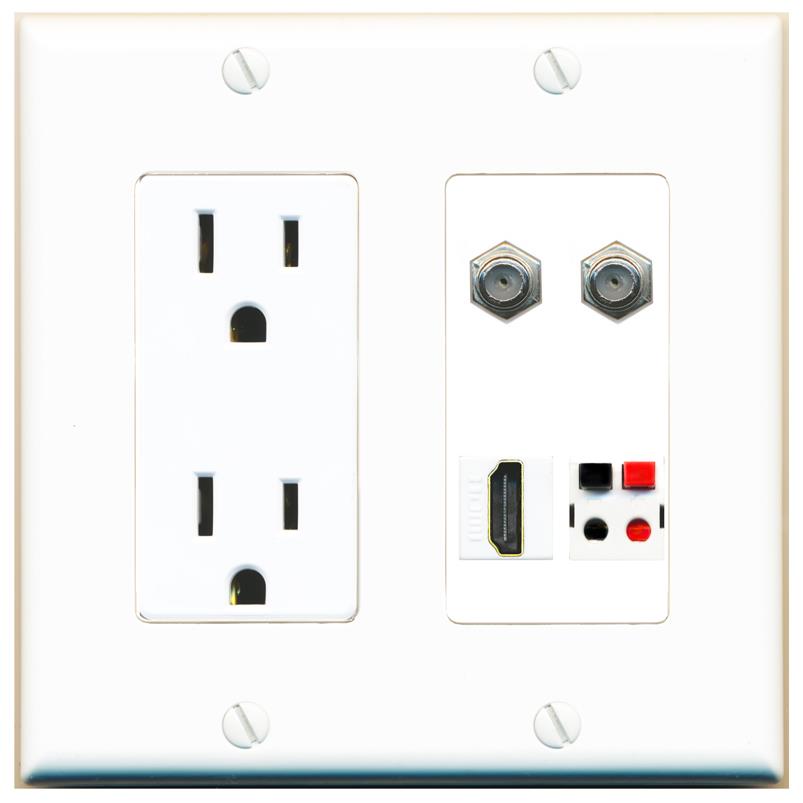 RiteAV 2 COAX HDMI SPEAKER Wall Plate with 15A Power Outlet [White]