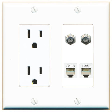 RiteAV 2 COAX 2 PHONE Wall Plate with 15A Power Outlet [White]