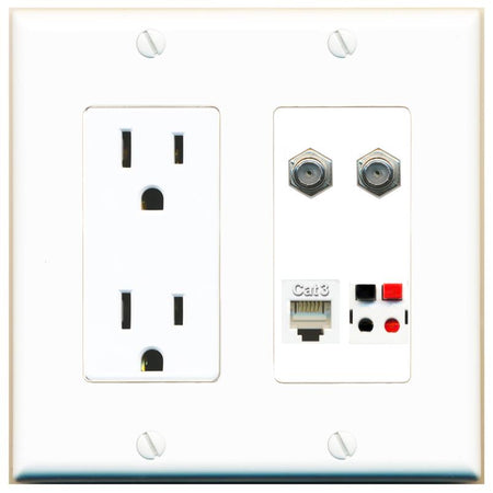 RiteAV 2 COAX PHONE SPEAKER Wall Plate with 15A Power Outlet [White]