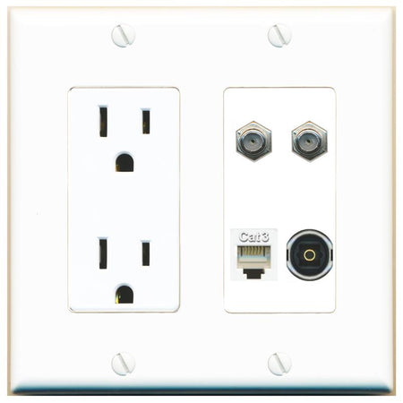 RiteAV 2 COAX PHONE TOSLINK Wall Plate with 15A Power Outlet [White]