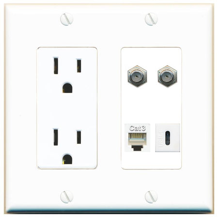 RiteAV 2 COAX PHONE USBC Wall Plate with 15A Power Outlet [White]