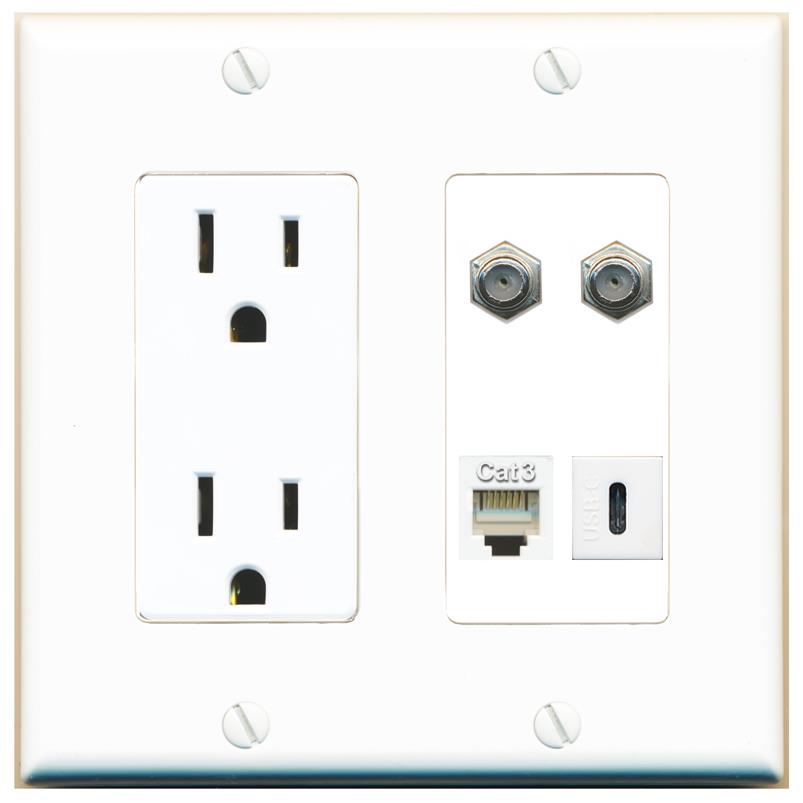 RiteAV 2 COAX PHONE USBC Wall Plate with 15A Power Outlet [White]