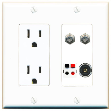 RiteAV 2 COAX SPEAKER TOSLINK Wall Plate with 15A Power Outlet [White]