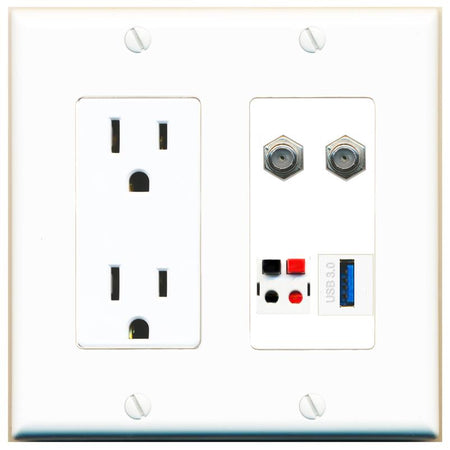 RiteAV 2 COAX SPEAKER USB-3 Wall Plate with 15A Power Outlet [White]