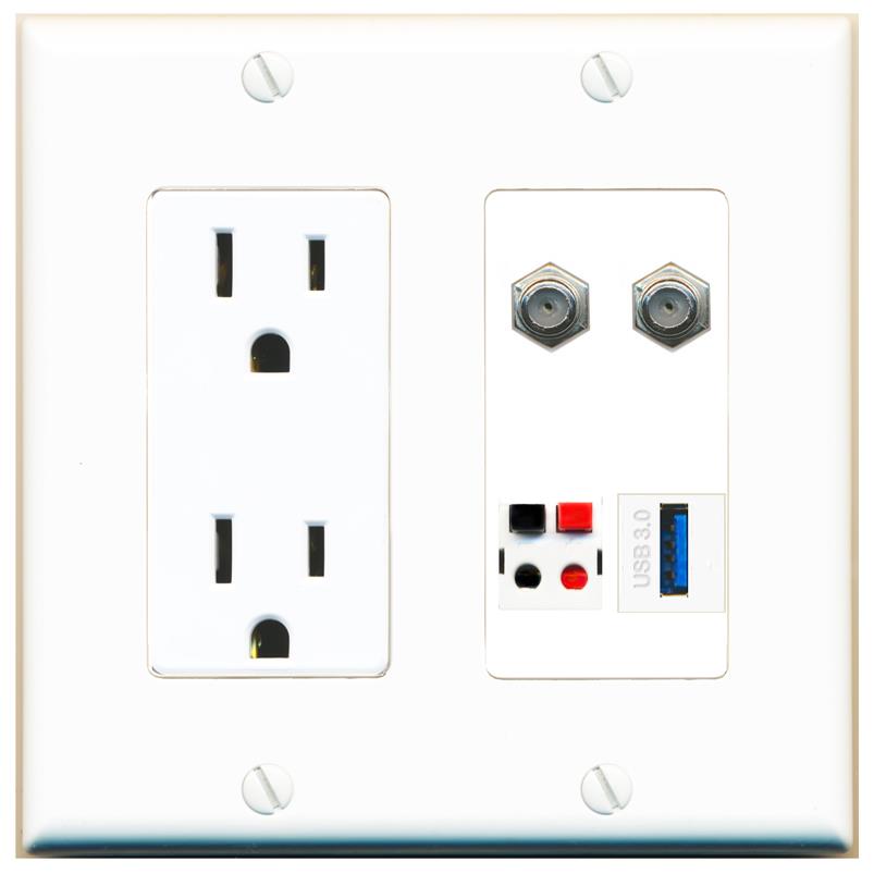 RiteAV 2 COAX SPEAKER USB-3 Wall Plate with 15A Power Outlet [White]