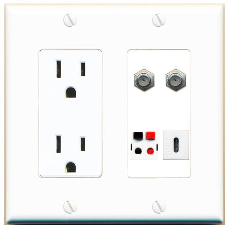 RiteAV 2 COAX SPEAKER USBC Wall Plate with 15A Power Outlet [White]