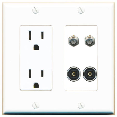RiteAV 2 COAX 2 TOSLINK Wall Plate with 15A Power Outlet [White]