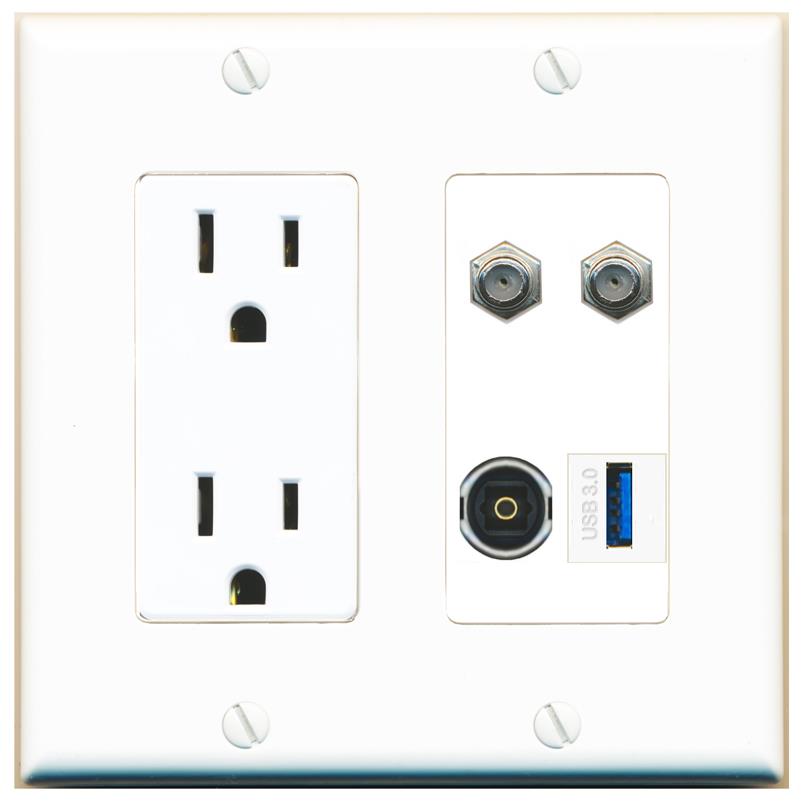 RiteAV 2 COAX TOSLINK USB-3 Wall Plate with 15A Power Outlet [White]