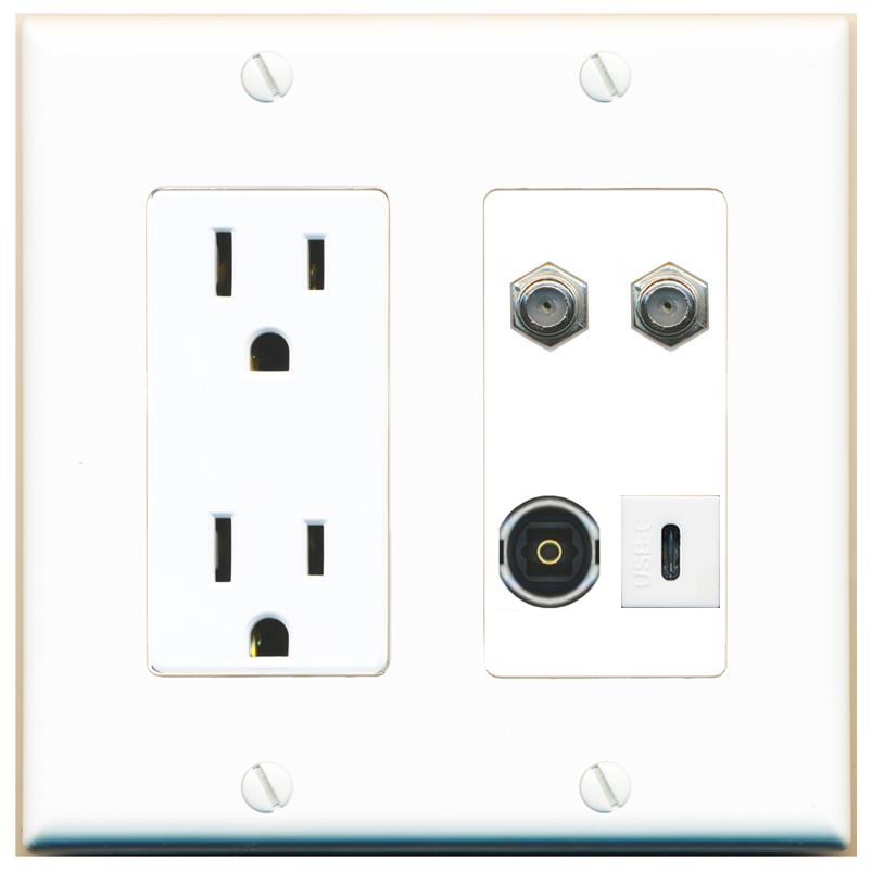 RiteAV 2 COAX TOSLINK USBC Wall Plate with 15A Power Outlet [White]