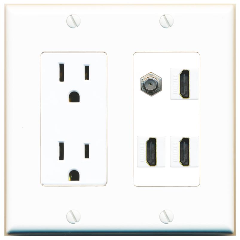 RiteAV COAX 3 HDMI Wall Plate with 15A Power Outlet [White]