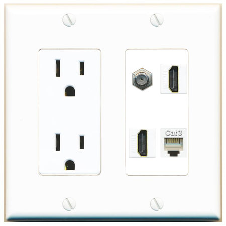 RiteAV COAX 2 HDMI PHONE Wall Plate with 15A Power Outlet [White]