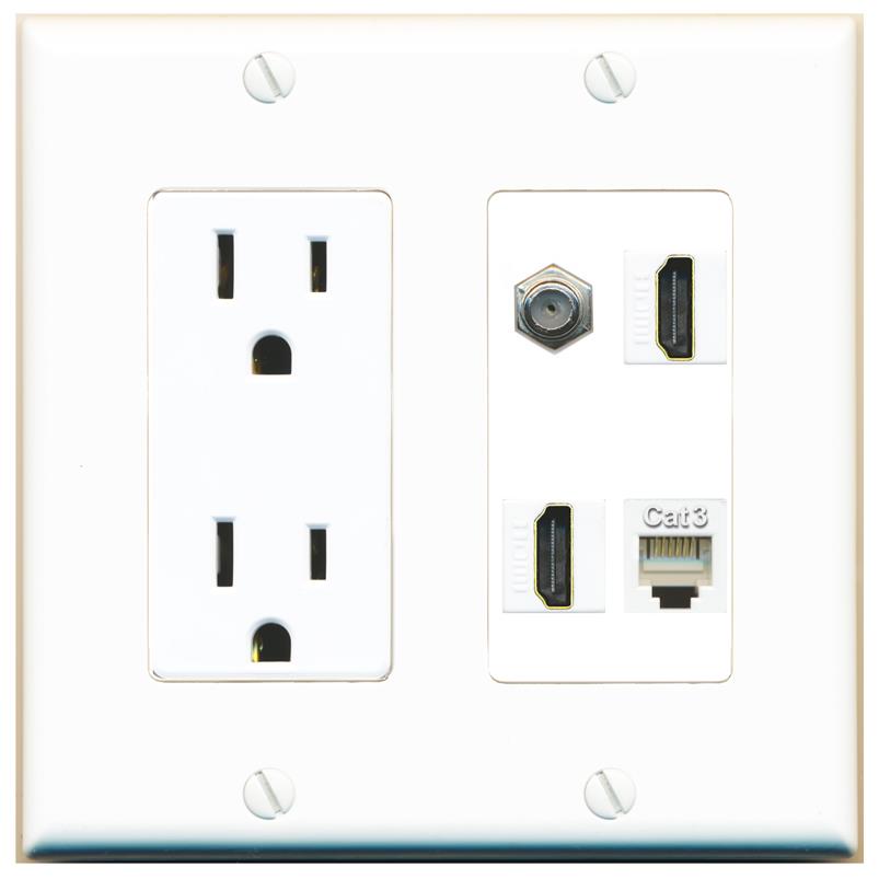 RiteAV COAX 2 HDMI PHONE Wall Plate with 15A Power Outlet [White]
