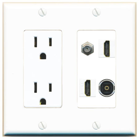 RiteAV COAX 2 HDMI TOSLINK Wall Plate with 15A Power Outlet [White]