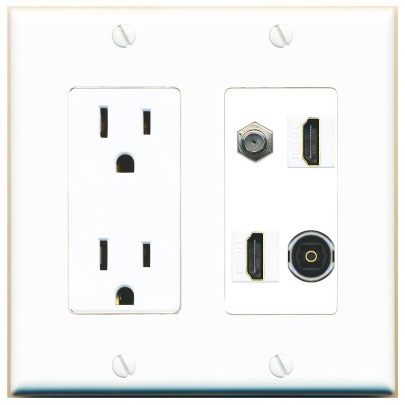 RiteAV COAX 2 HDMI TOSLINK Wall Plate with 15A Power Outlet [White]