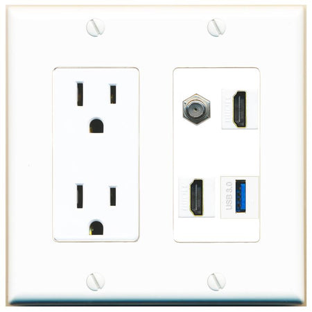 RiteAV COAX 2 HDMI USB-3 Wall Plate with 15A Power Outlet [White]