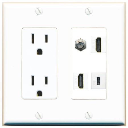 RiteAV COAX 2 HDMI USBC Wall Plate with 15A Power Outlet [White]