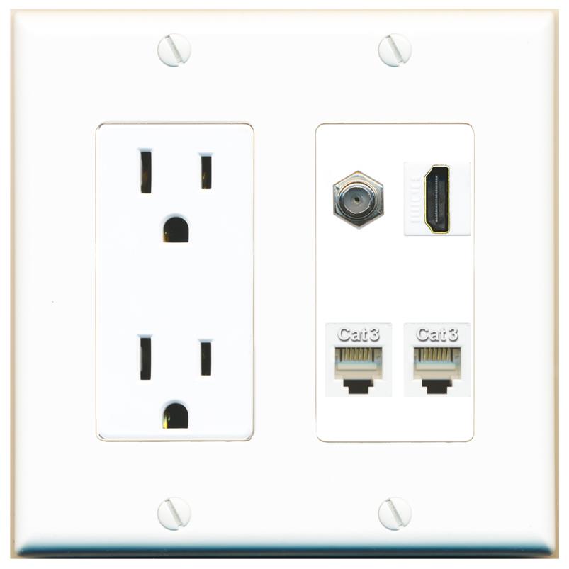 RiteAV COAX HDMI 2 PHONE Wall Plate with 15A Power Outlet [White]