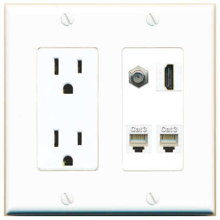 RiteAV COAX HDMI 2 PHONE Wall Plate with 15A Power Outlet [White]