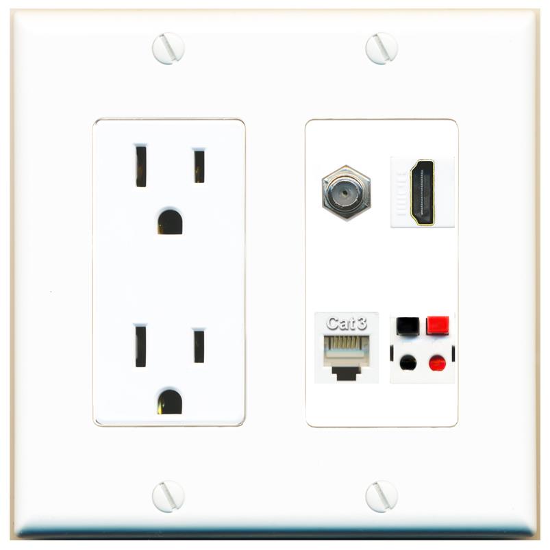 RiteAV COAX HDMI PHONE SPEAKER Wall Plate with 15A Power Outlet [White]