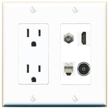 RiteAV COAX HDMI PHONE TOSLINK Wall Plate with 15A Power Outlet [White]