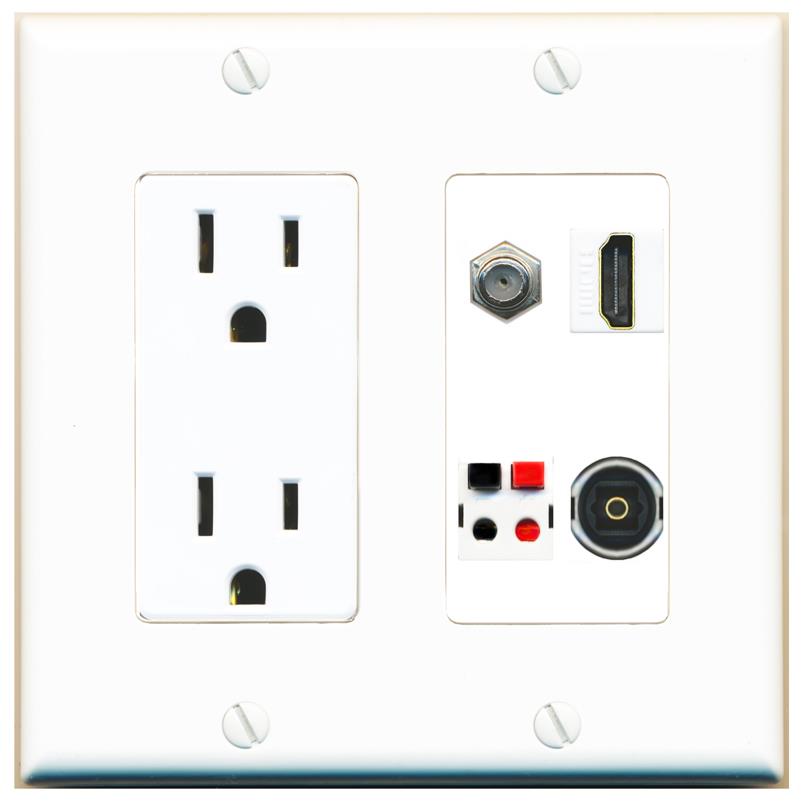 RiteAV COAX HDMI SPEAKER TOSLINK Wall Plate with 15A Power Outlet [White]