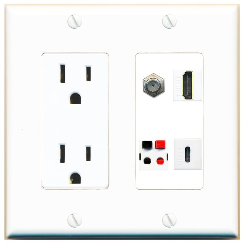 RiteAV COAX HDMI SPEAKER USBC Wall Plate with 15A Power Outlet [White]