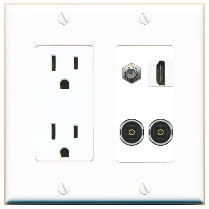 RiteAV COAX HDMI 2 TOSLINK Wall Plate with 15A Power Outlet [White]