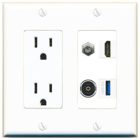 RiteAV COAX HDMI TOSLINK USB-3 Wall Plate with 15A Power Outlet [White]