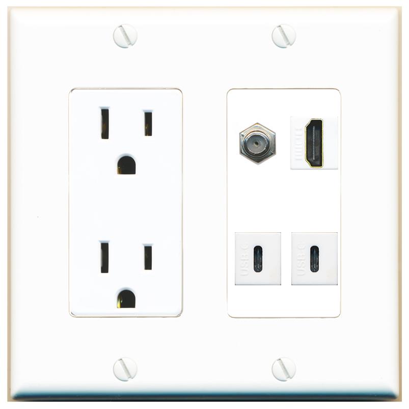RiteAV COAX HDMI 2 USBC Wall Plate with 15A Power Outlet [White]