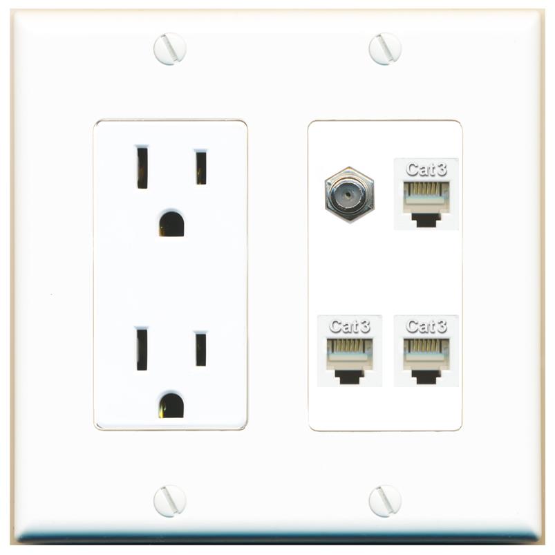 RiteAV COAX 3 PHONE Wall Plate with 15A Power Outlet [White]