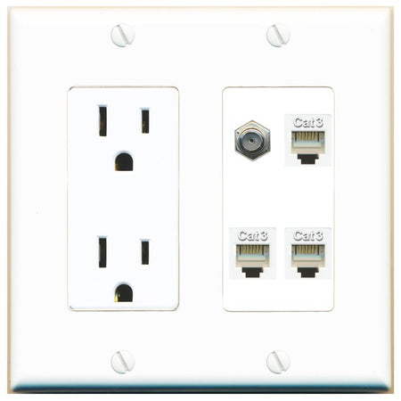 RiteAV COAX 3 PHONE Wall Plate with 15A Power Outlet [White]