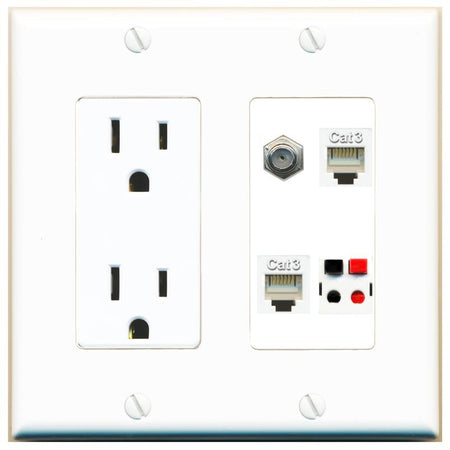 RiteAV COAX 2 PHONE SPEAKER Wall Plate with 15A Power Outlet [White]