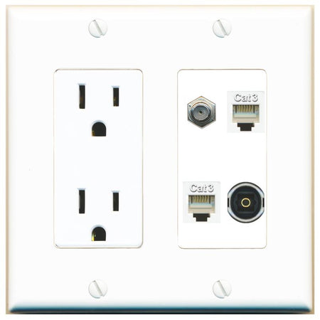 RiteAV COAX 2 PHONE TOSLINK Wall Plate with 15A Power Outlet [White]