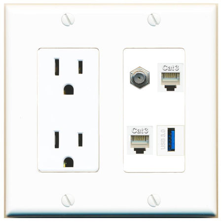 RiteAV COAX 2 PHONE USB-3 Wall Plate with 15A Power Outlet [White]