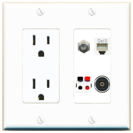 RiteAV COAX PHONE SPEAKER TOSLINK Wall Plate with 15A Power Outlet [White]