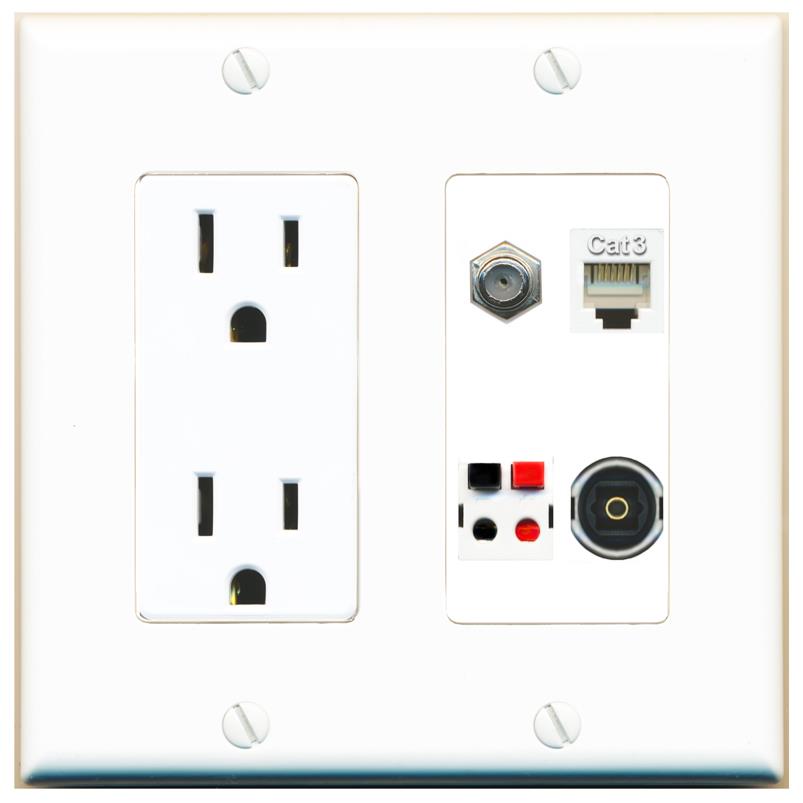 RiteAV COAX PHONE SPEAKER TOSLINK Wall Plate with 15A Power Outlet [White]