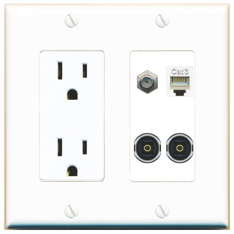 RiteAV COAX PHONE 2 TOSLINK Wall Plate with 15A Power Outlet [White]