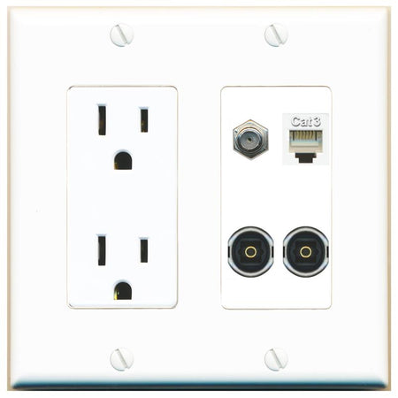 RiteAV COAX PHONE 2 TOSLINK Wall Plate with 15A Power Outlet [White]
