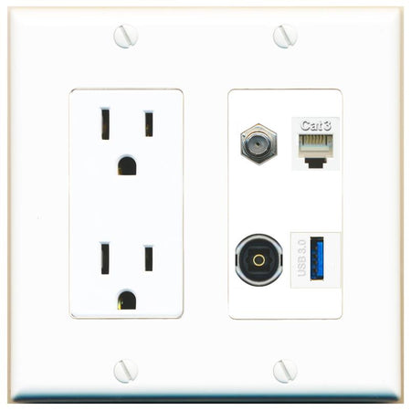 RiteAV COAX PHONE TOSLINK USB-3 Wall Plate with 15A Power Outlet [White]
