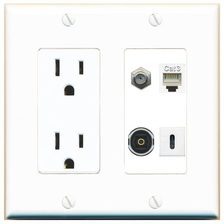RiteAV COAX PHONE TOSLINK USBC Wall Plate with 15A Power Outlet [White]