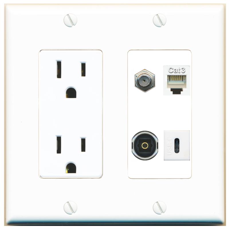 RiteAV COAX PHONE TOSLINK USBC Wall Plate with 15A Power Outlet [White]