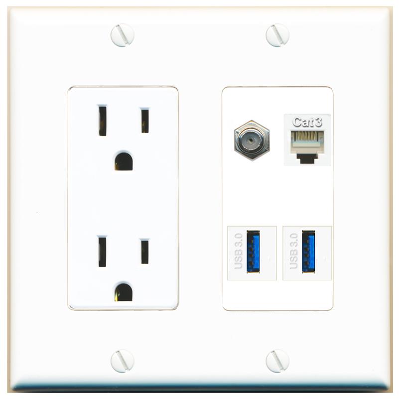 RiteAV COAX PHONE 2 USB-3 Wall Plate with 15A Power Outlet [White]