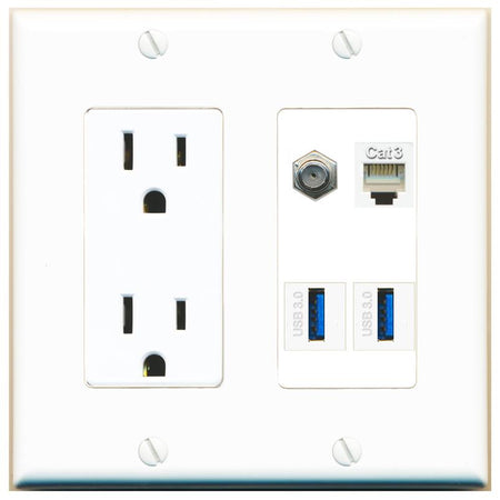 RiteAV COAX PHONE 2 USB-3 Wall Plate with 15A Power Outlet [White]
