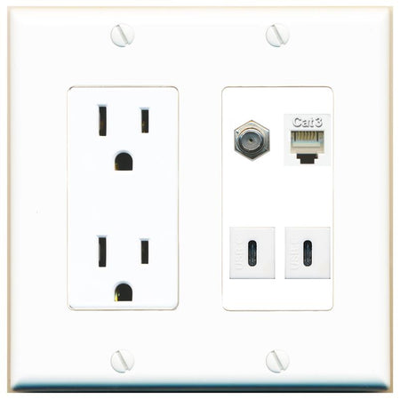 RiteAV COAX PHONE 2 USBC Wall Plate with 15A Power Outlet [White]