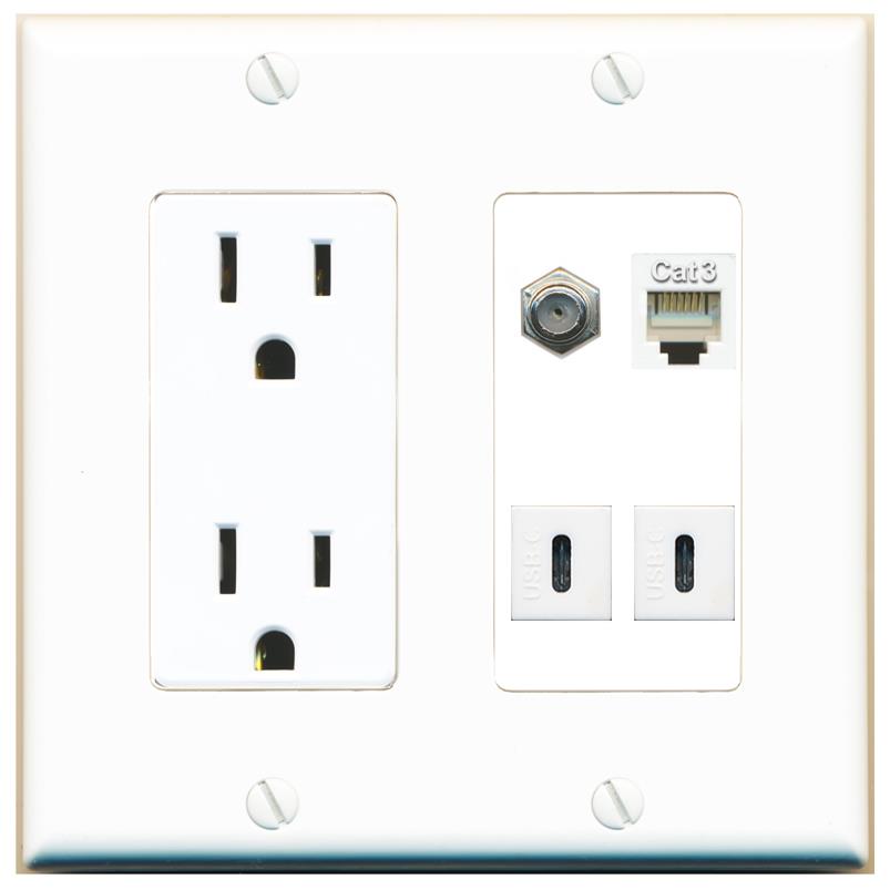 RiteAV COAX PHONE 2 USBC Wall Plate with 15A Power Outlet [White]